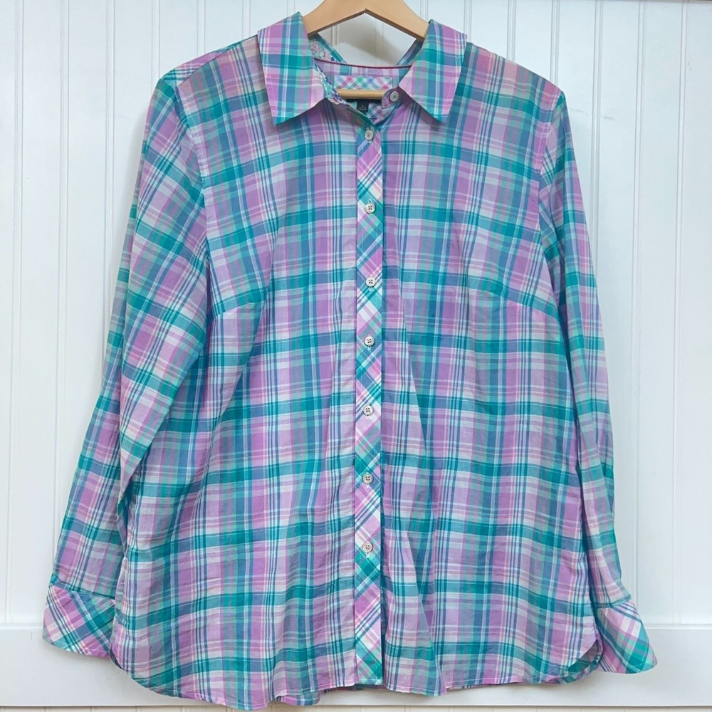 Talbots Shirt Coastal Pink Blue Plaid Heritage Long Sleeve Button Up Wmns L